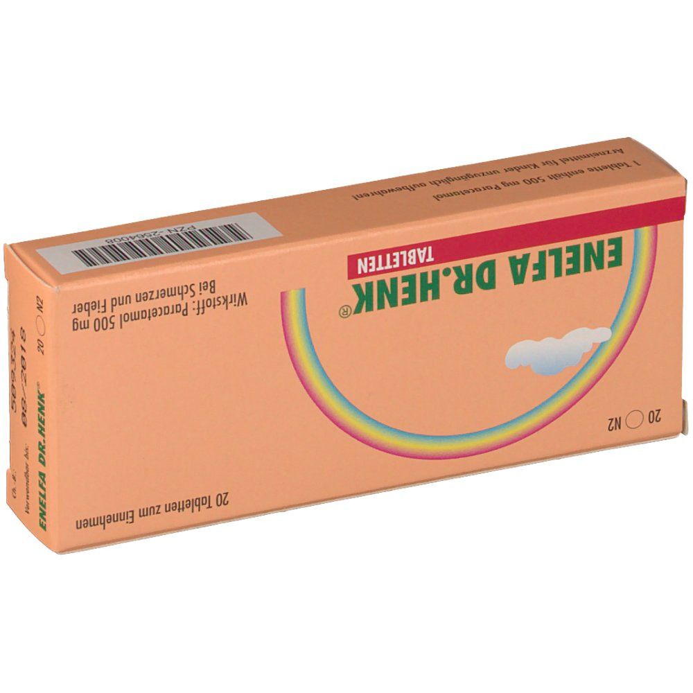 Schachtel ENELFA DR. HENK Tabletten. Orangefarbene Verpackung mit Regenbogen-Motiv. Text: Paracetamol 500 mg, 20 Tabletten.