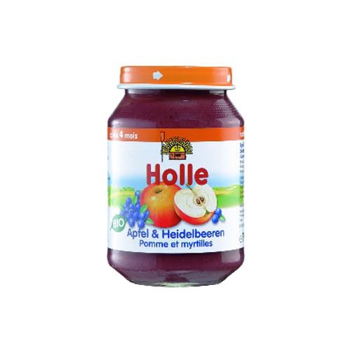 Glas mit Holle Apfel & Heidelbeere Babybrei. Deckel orange, Etikett mit Logo, Apfel- und Blaubeer-Illustrationen, Text.