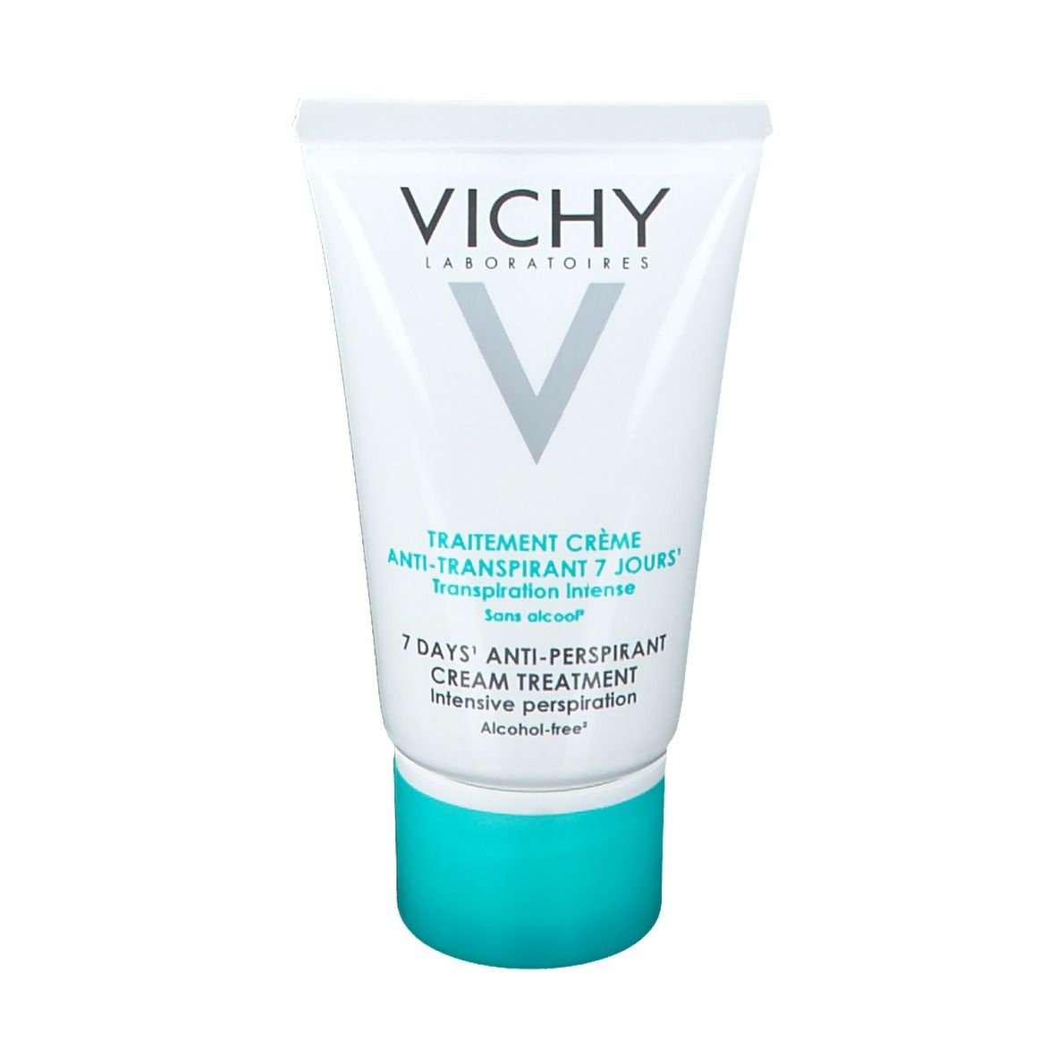 Weiße Tube mit VICHY-Logo und Text. Aufschrift: Anti-Transpirant Creme 7 Tage Wirkung. Ohne Alkohol. Blaue Kappe.