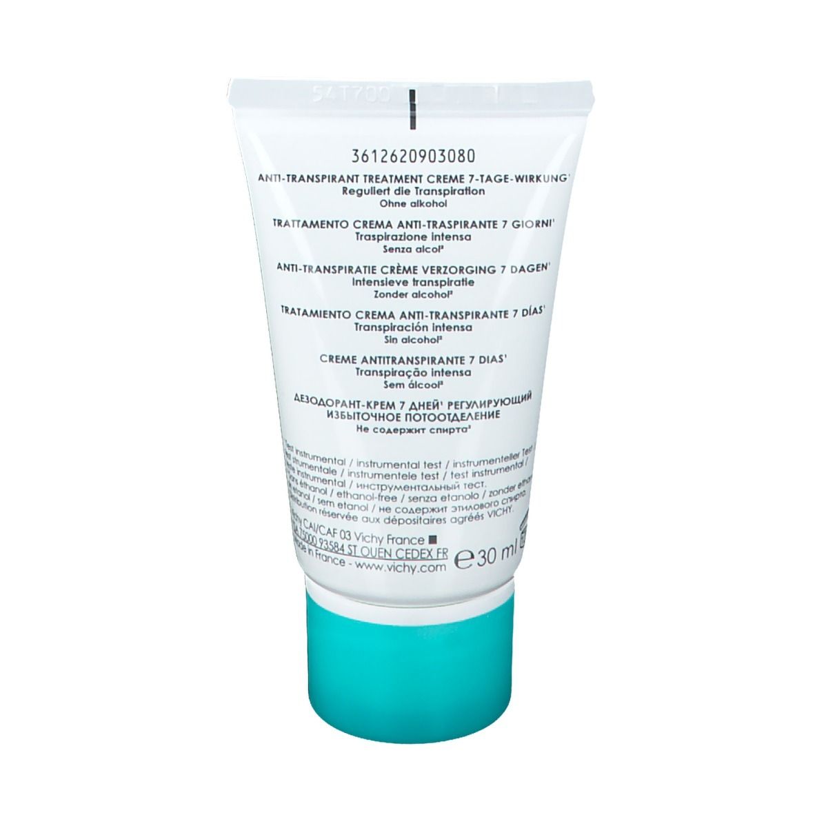 Rückseite einer weißen Tube mit Text. Aufschrift: Anti-Transpirant Creme 7-Tage-Wirkung. Ohne Alkohol. Blaue Kappe.