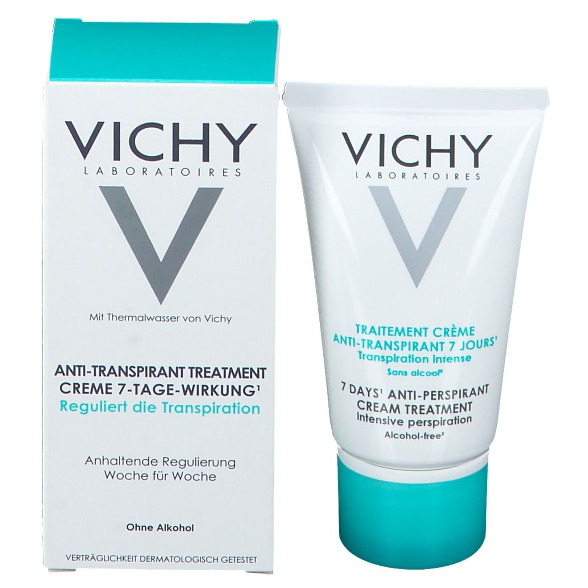 Weiße Verpackung mit VICHY-Logo und Tube. Aufschrift: Anti-Transpirant Creme 7-Tage-Wirkung. Ohne Alkohol. Blaue Kappe.