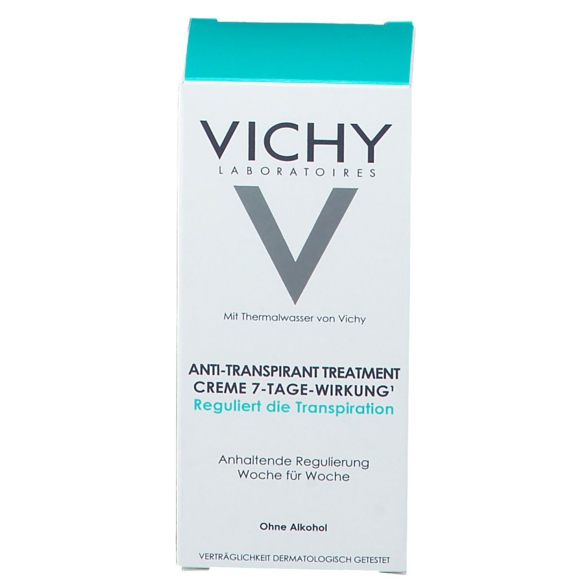 Weiße Verpackung mit VICHY-Logo und Text. Aufschrift: Anti-Transpirant Creme 7-Tage-Wirkung. Ohne Alkohol. Blaue Oberseite.