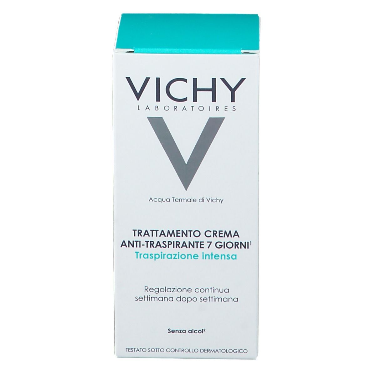Weiße Verpackung mit VICHY-Logo und Text. Aufschrift: Anti-Transpirant Creme 7 Tage. Ohne Alkohol. Blaue Oberseite.