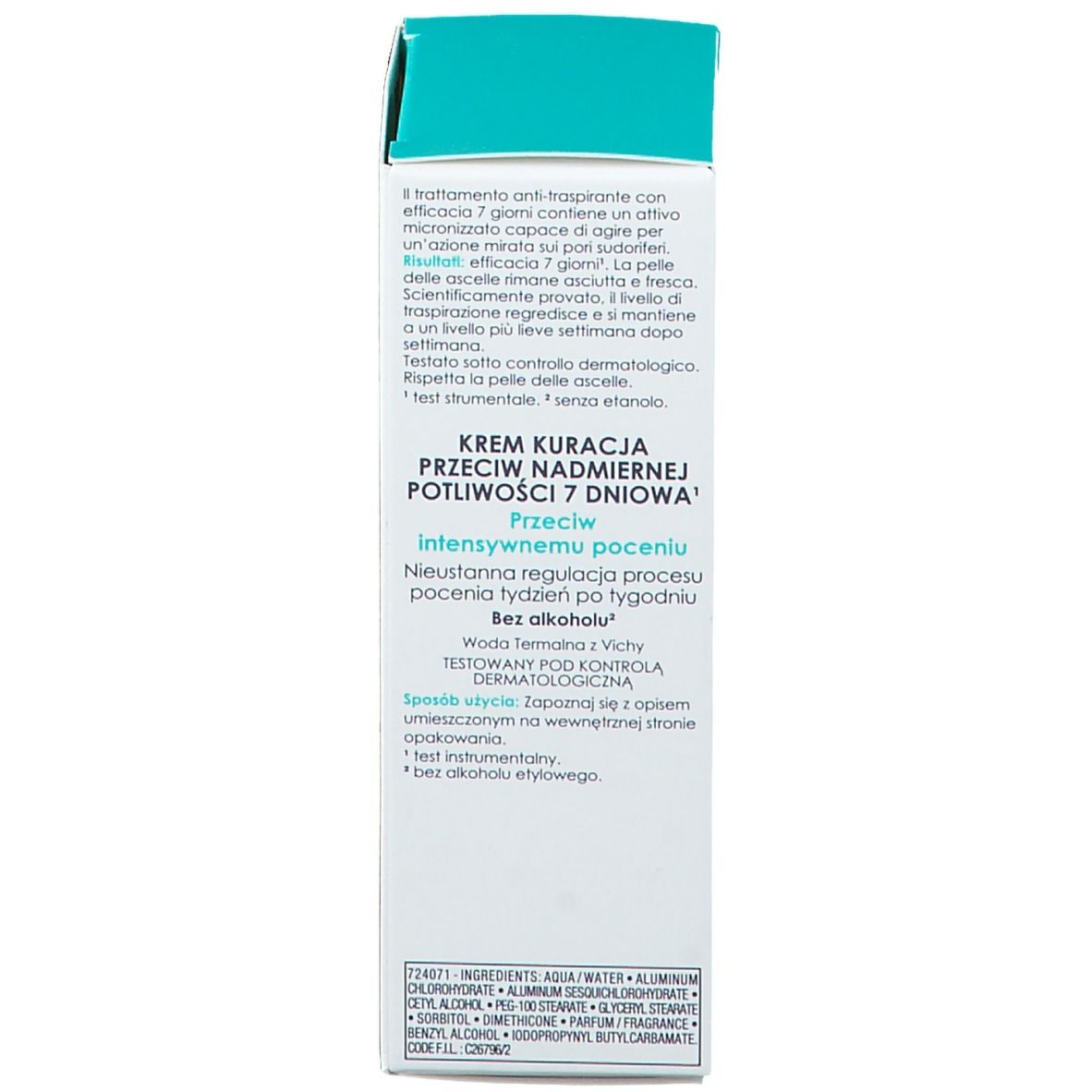 Rückseite der weißen Verpackung mit Text. Aufschrift: Anti-Transpirant Creme 7 Tage. Ohne Alkohol. Blaue Oberseite.
