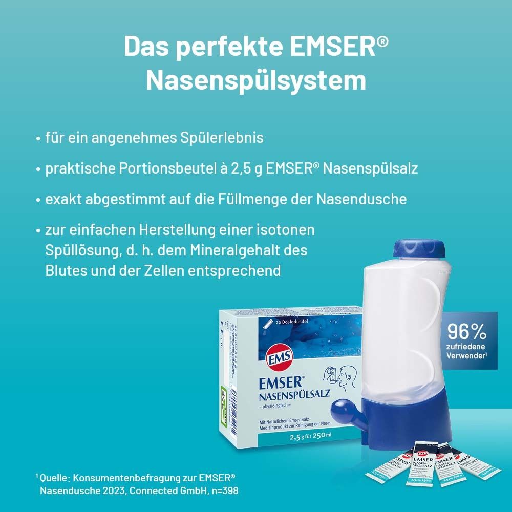 Emser Nasenspülsystem. Nasenspülsalz, Nasendusche, Portionenbeutel. 96% zufriedene Verwender.