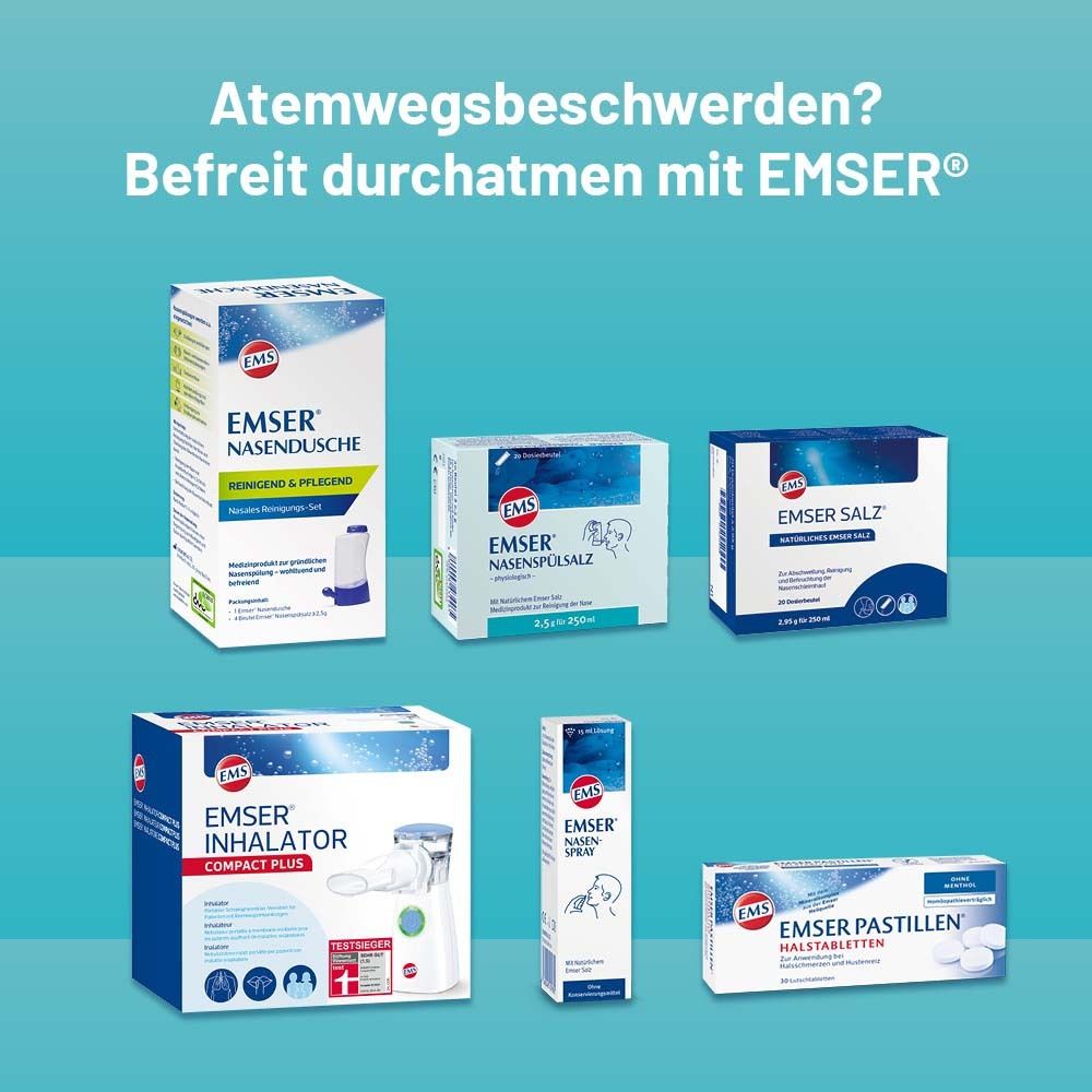 Atemwegsbeschwerden? Produkte: Nasendusche, Nasenspülsalz, Salz, Inhalator, Halspastillen. Logo: EMS.