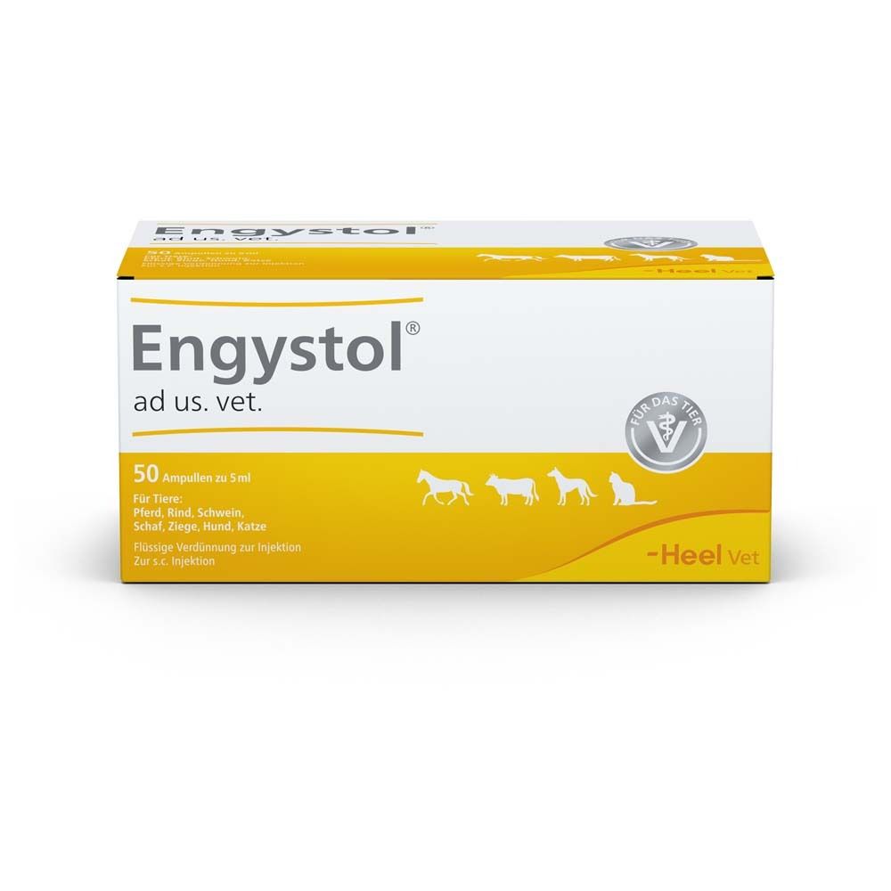 Karton mit Produktnamen und Logo. Enthält 50 Ampullen. Gelb-weiße Verpackung mit Tier-Silhouette.