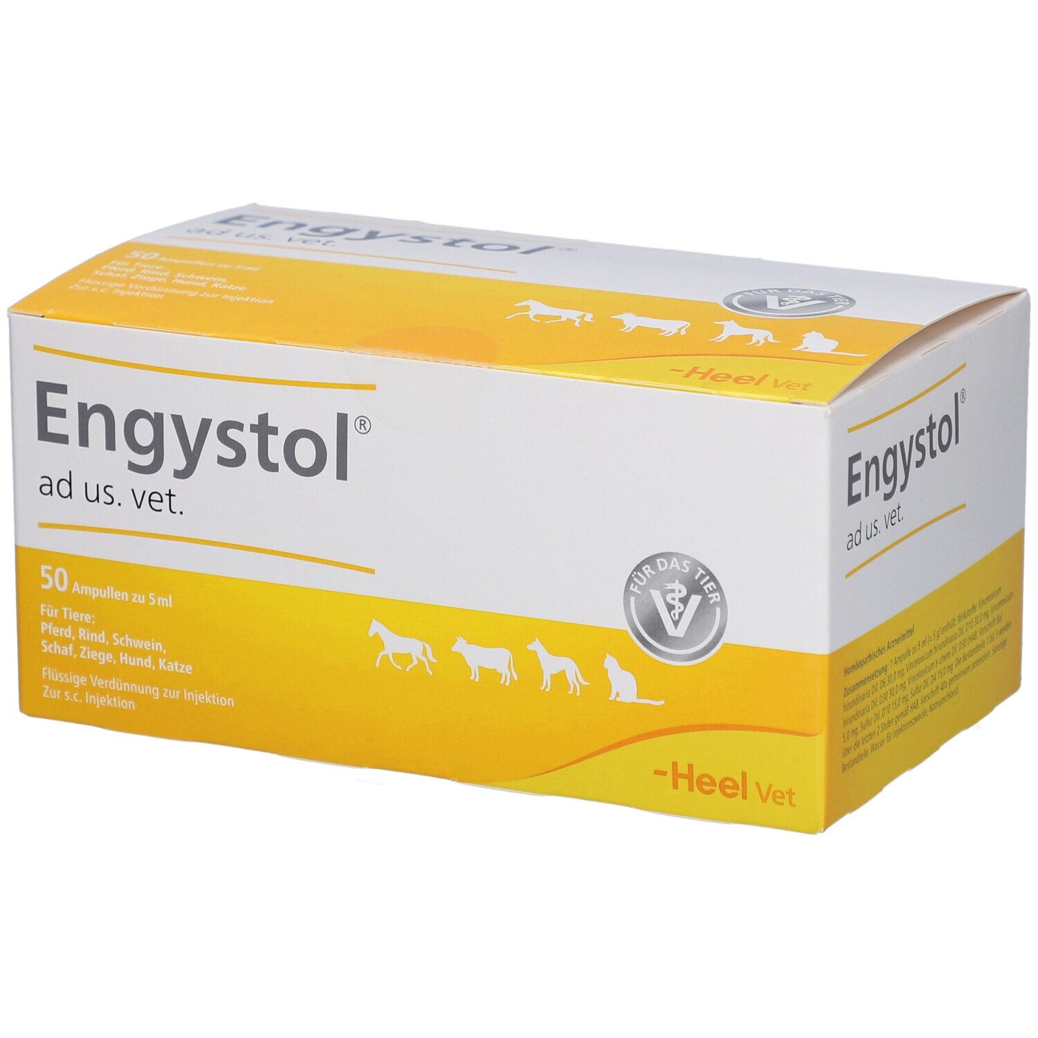 Karton mit "Engystol ad us. vet.". Enthält 50 Ampullen. Gelb-weiße Verpackung mit Tierabbildungen.