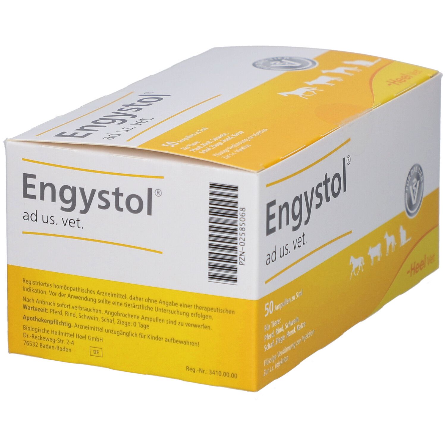 Karton "Engystol ad us. vet." mit 50 Ampullen. Gelb-weiße Verpackung mit Barcode und Tierabbildungen.