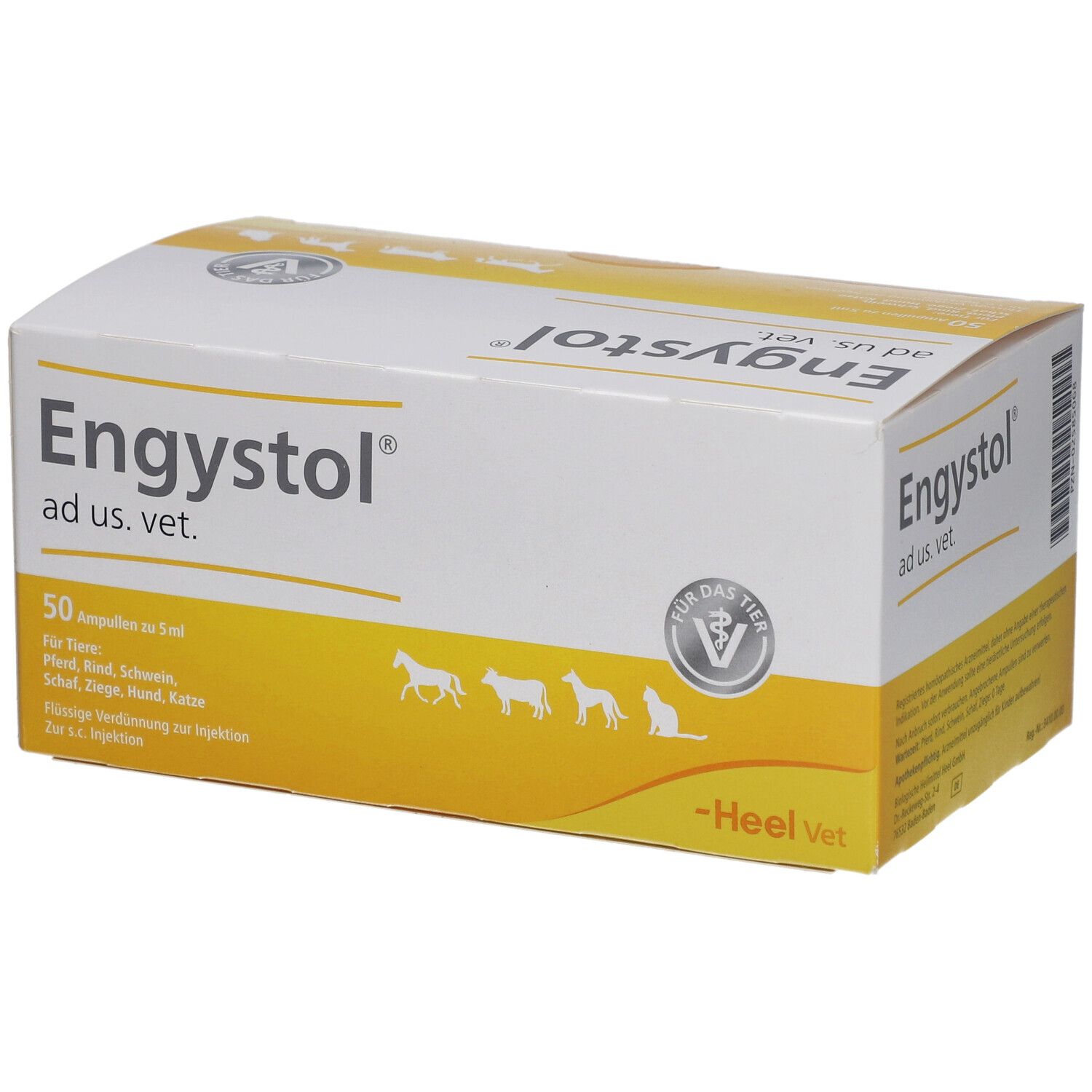 Karton "Engystol ad us. vet.". Enthält 50 Ampullen. Gelb-weiße Verpackung mit Tier-Silhouetten und Produktnamen.