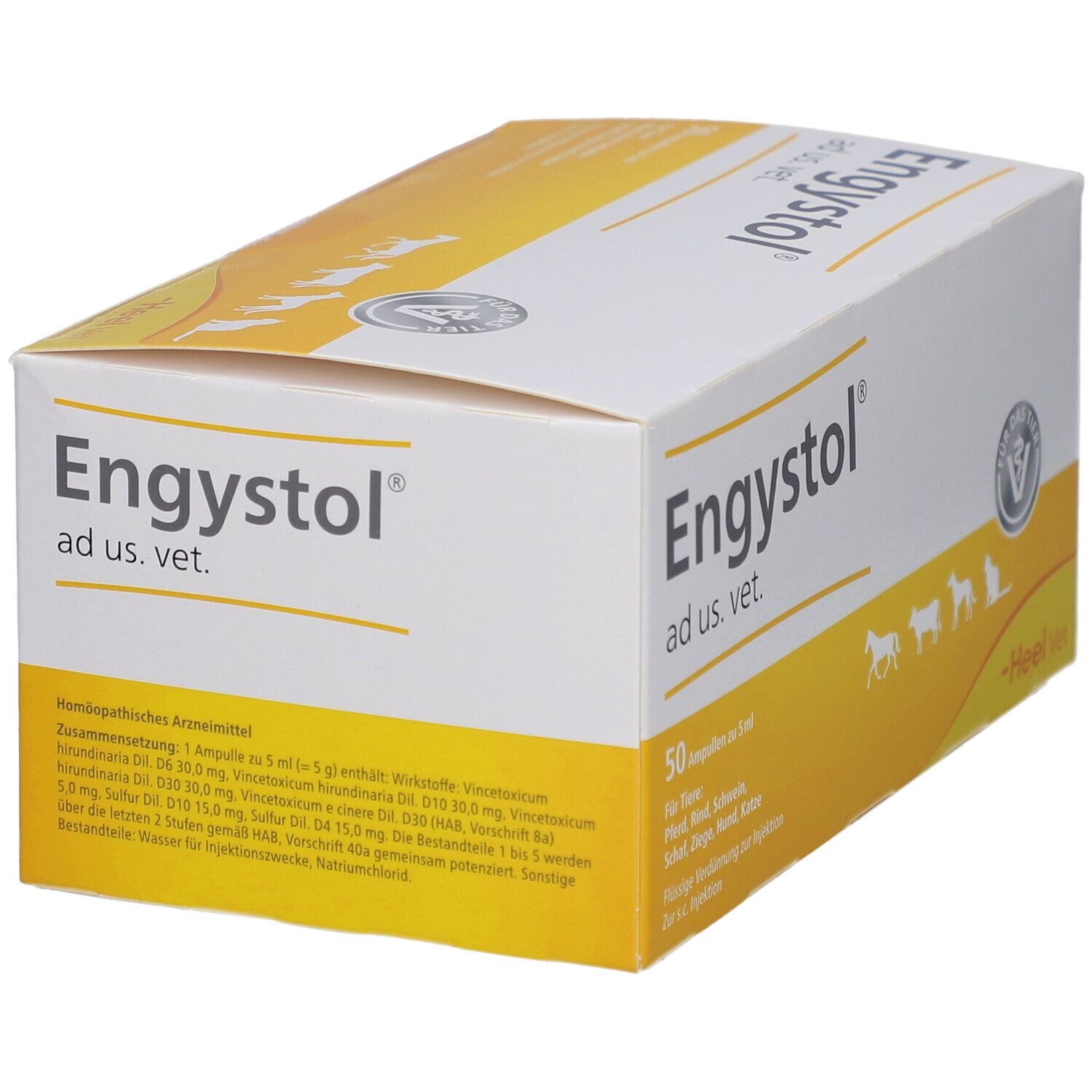 Karton "Engystol ad us. vet." mit 50 Ampullen. Gelb-weiße Verpackung mit Produktinformationen und Tierabbildungen.