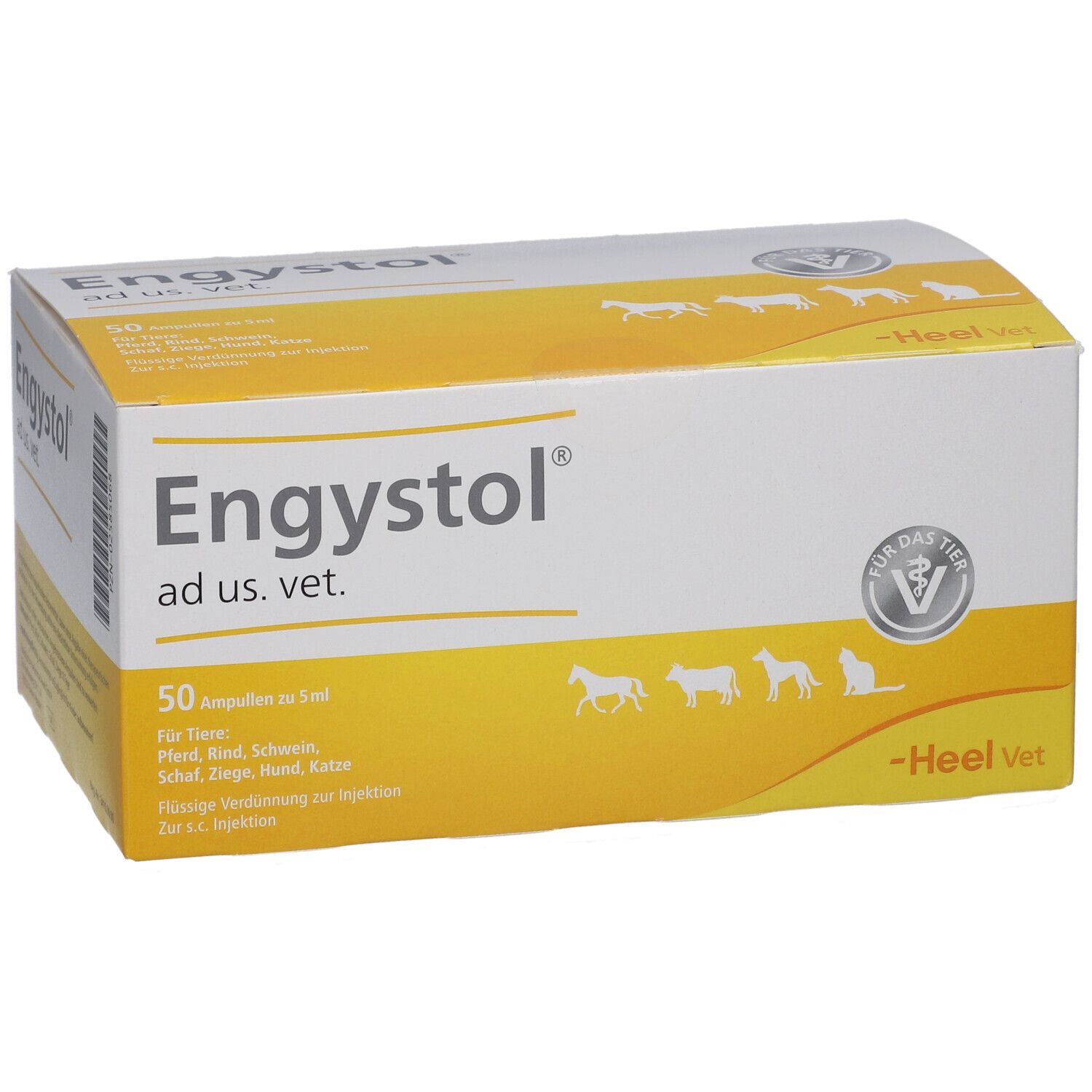 Karton "Engystol ad us. vet." mit 50 Ampullen. Gelb-weiße Verpackung mit Tierabbildungen und Logo.
