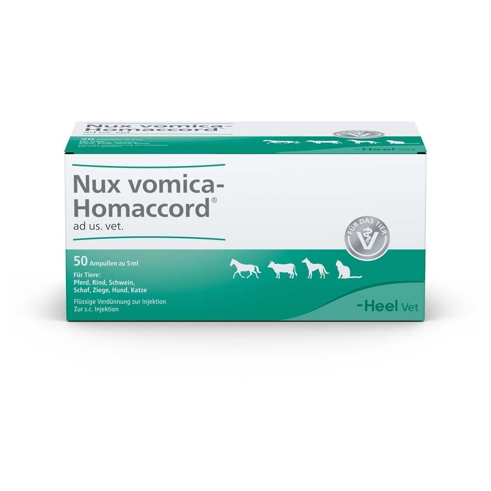 Weiße Schachtel mit grünem Streifen. Aufschrift: Nux vomica-Homaccord ad us. vet. 50 Ampullen. Logo für Tiere.