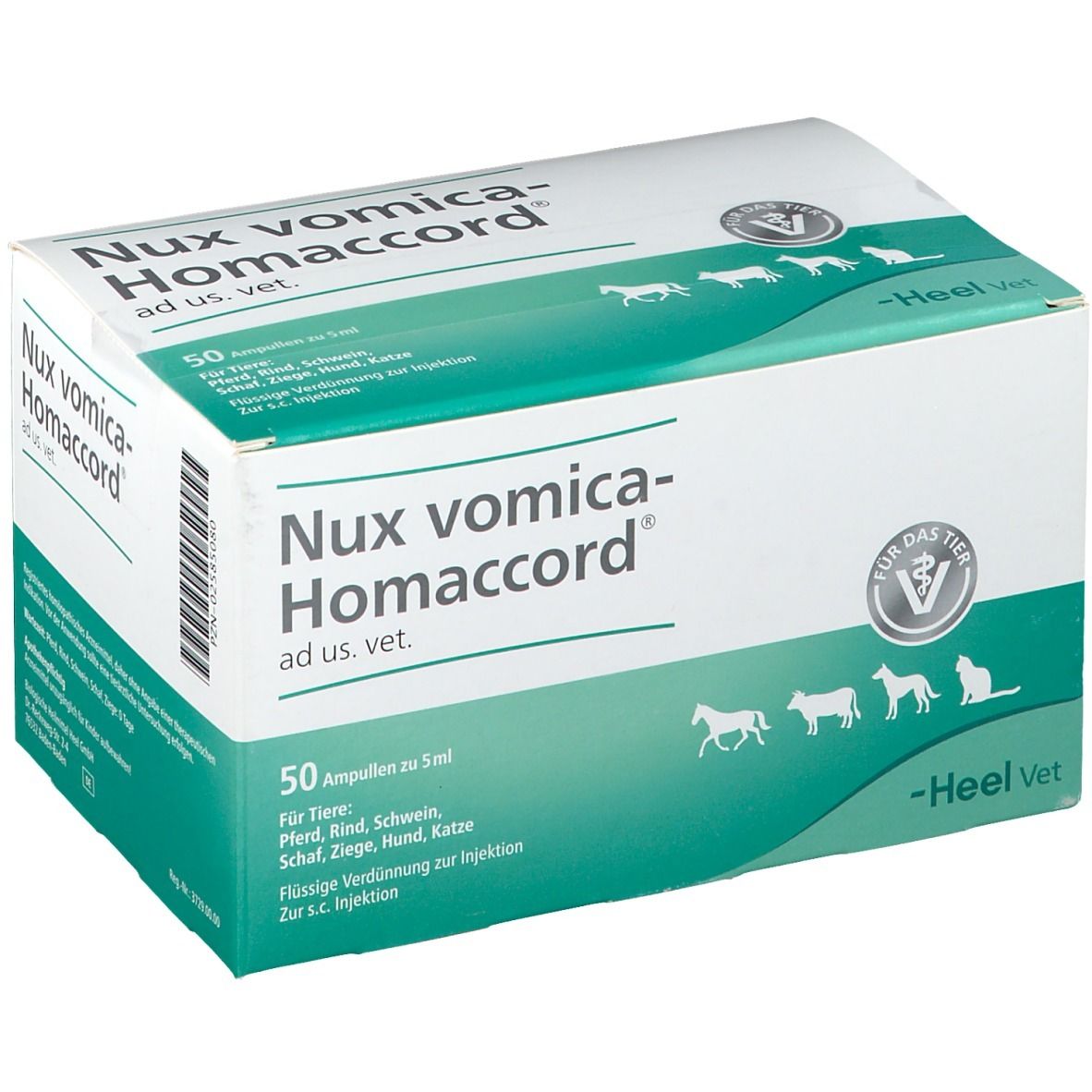 Karton mit Nux vomica-Homaccord ad us. vet. Aufschrift. 50 Ampullen, grün-weiß. Heel Vet Logo.