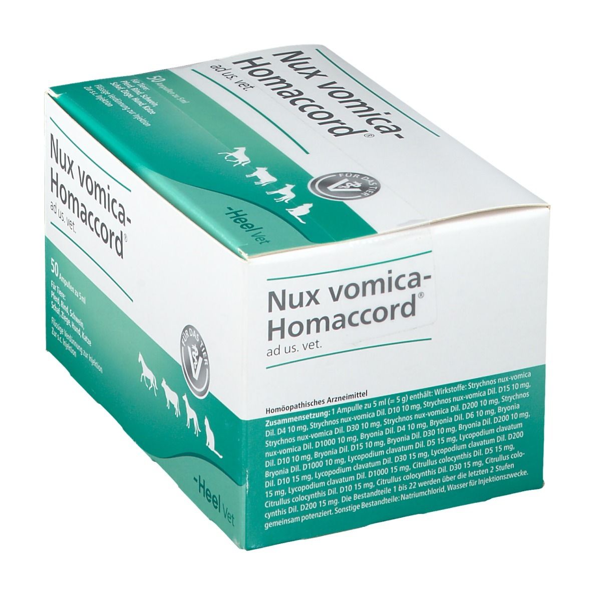 Karton mit Nux vomica-Homaccord ad us. vet. Aufschrift. 50 Ampullen, grün-weiß. Heel Vet Logo.