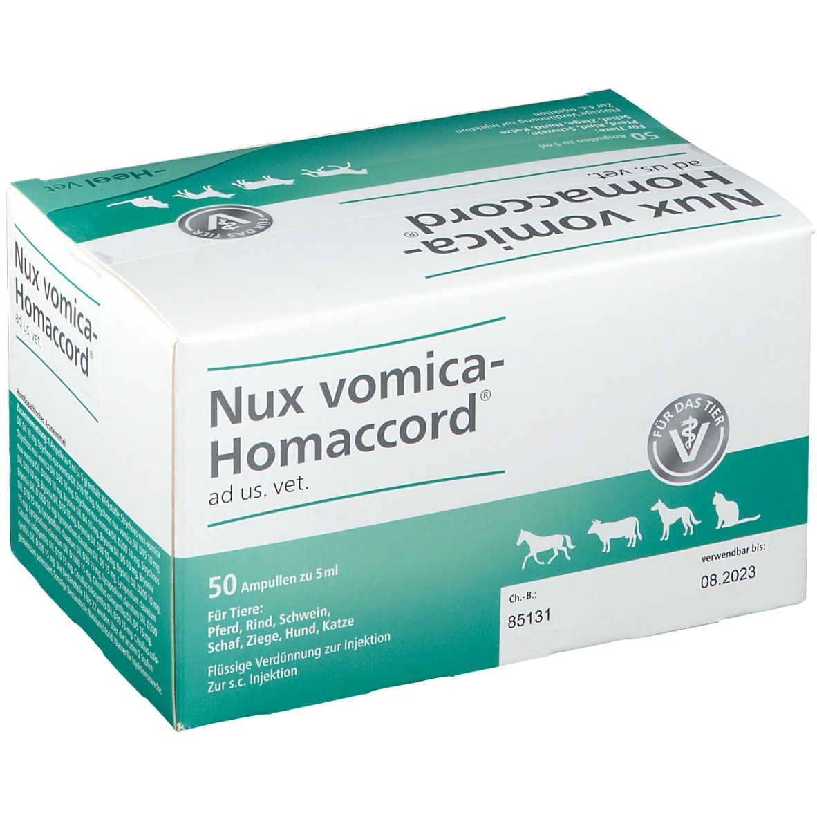 Karton mit Nux vomica-Homaccord ad us. vet. Aufschrift. 50 Ampullen, grün-weiß. Heel Vet Logo.