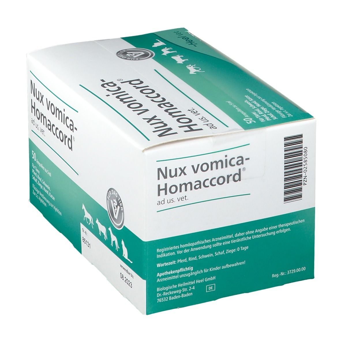 Karton mit Nux vomica-Homaccord ad us. vet. Aufschrift. 50 Ampullen, grün-weiß. Heel Vet Logo.