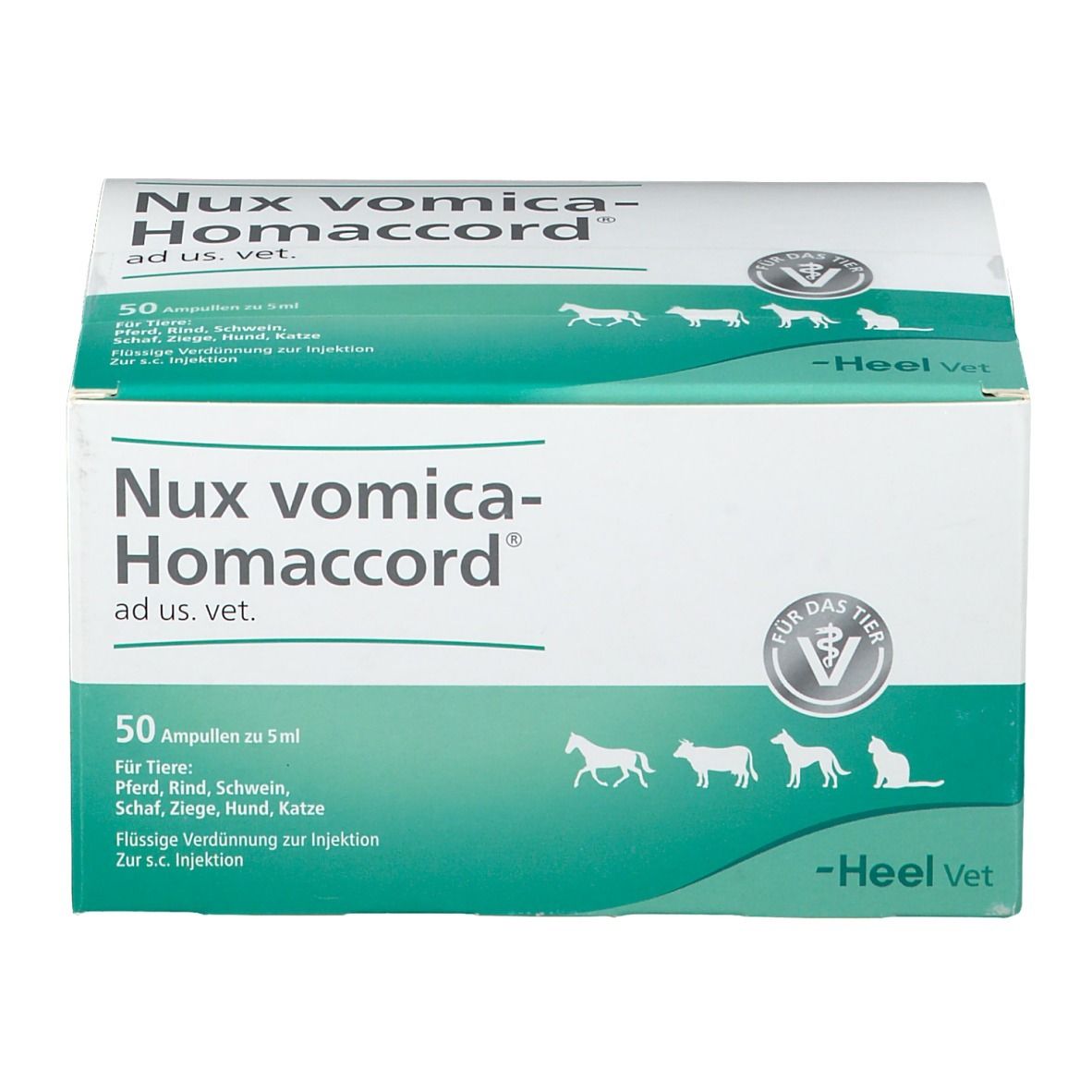 Karton mit Nux vomica-Homaccord ad us. vet. Aufschrift. 50 Ampullen, grün-weiß. Heel Vet Logo.