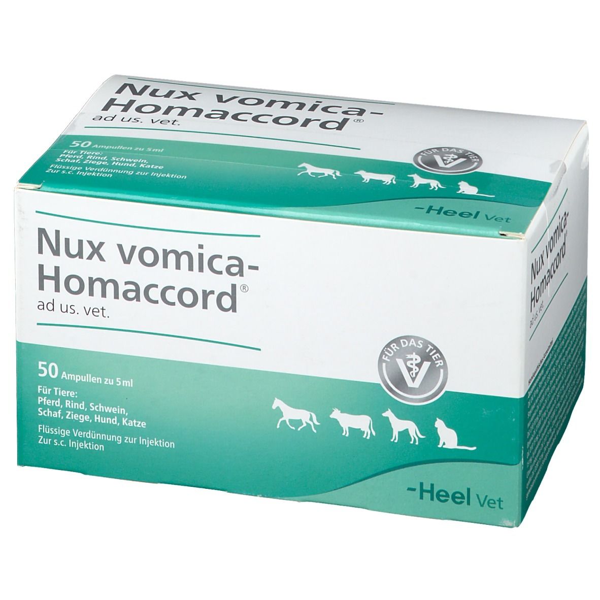 Karton mit Nux vomica-Homaccord ad us. vet. Aufschrift. 50 Ampullen, grün-weiß. Heel Vet Logo.
