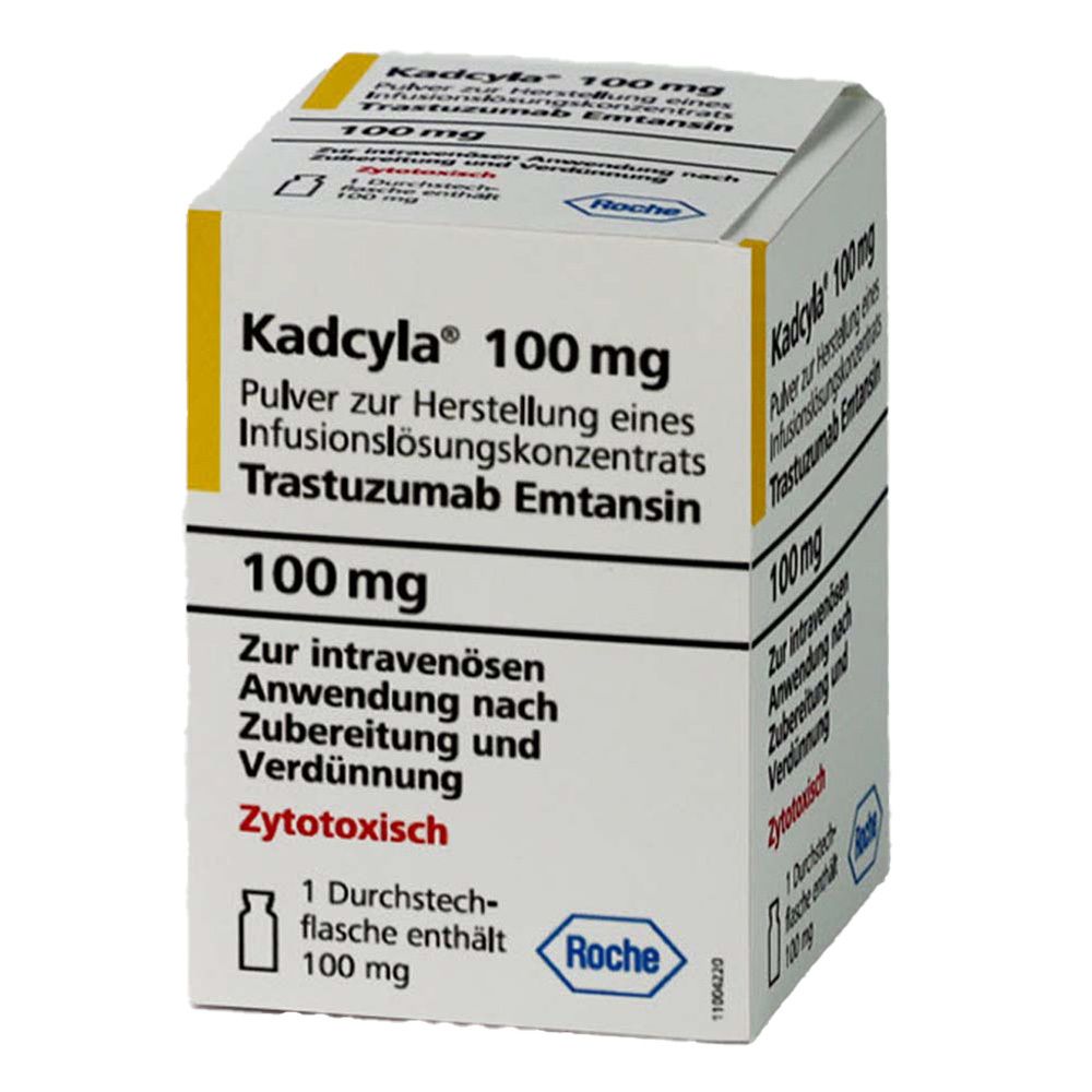 Kadcyla 100 mg, Pulver zur Herstellung eines Infusionslösungskonzentrats. Weiße Verpackung mit gelben Akzenten und Produktinformationen.