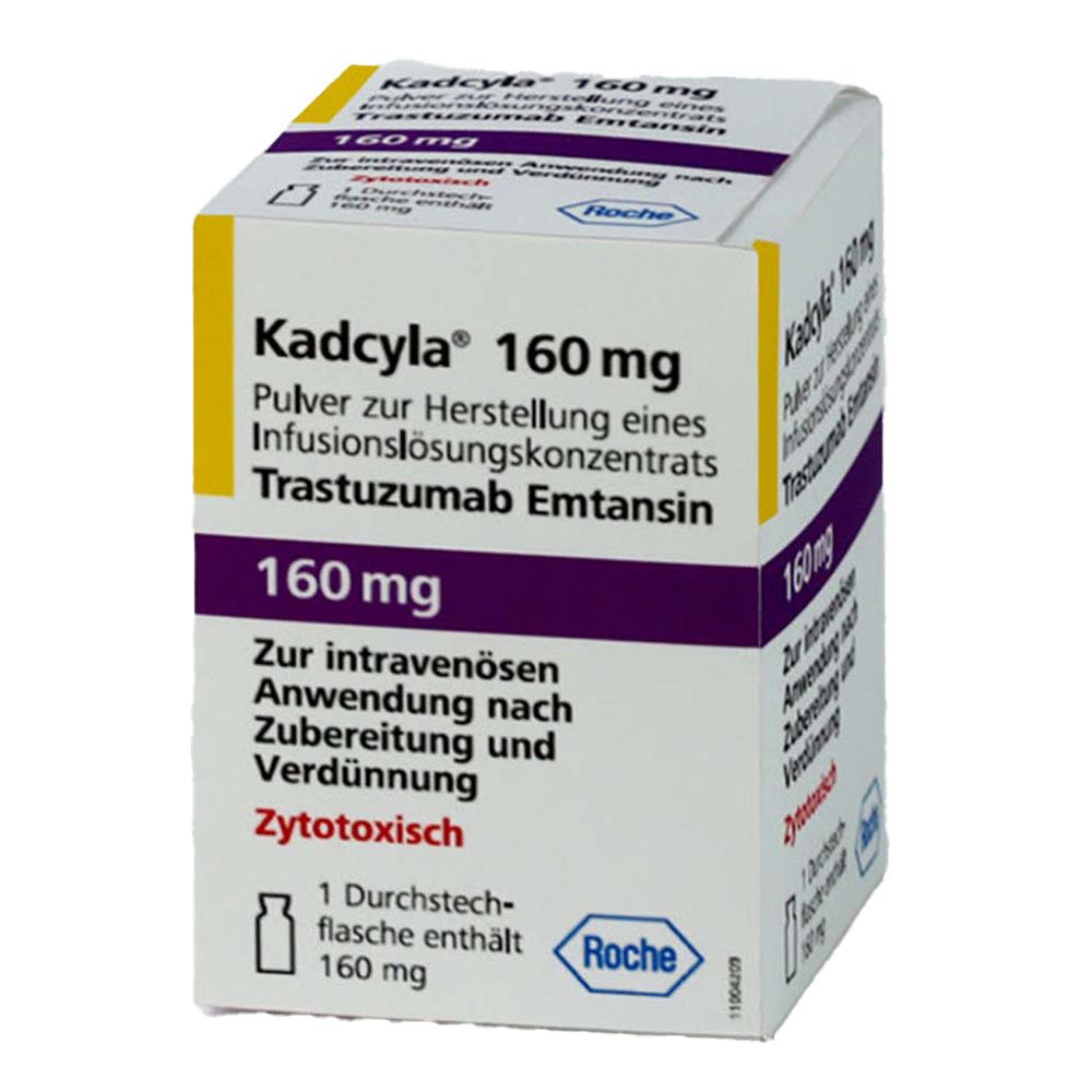 Karton mit Kadcyla 160 mg. Aufschrift: Pulver zur Herstellung eines Infusionslösungskonzentrats. Marke Roche. Enthält eine Durchstechflasche.