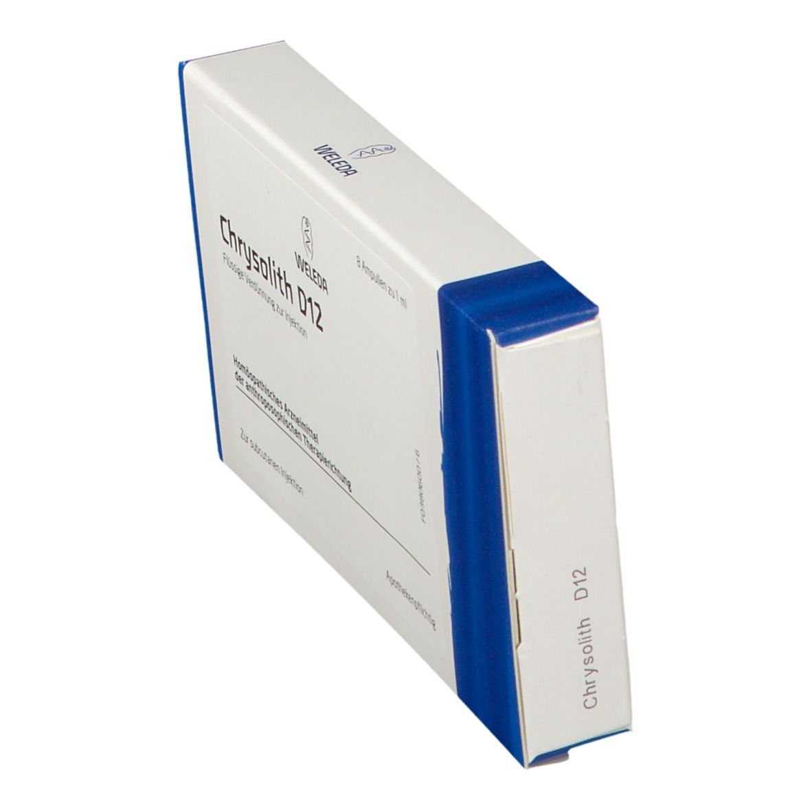 Weleda Chrysolith D12 Ampullen-Verpackung, schräg. Weiß, blau. Text: Chrysolith D12. Marke Weleda.