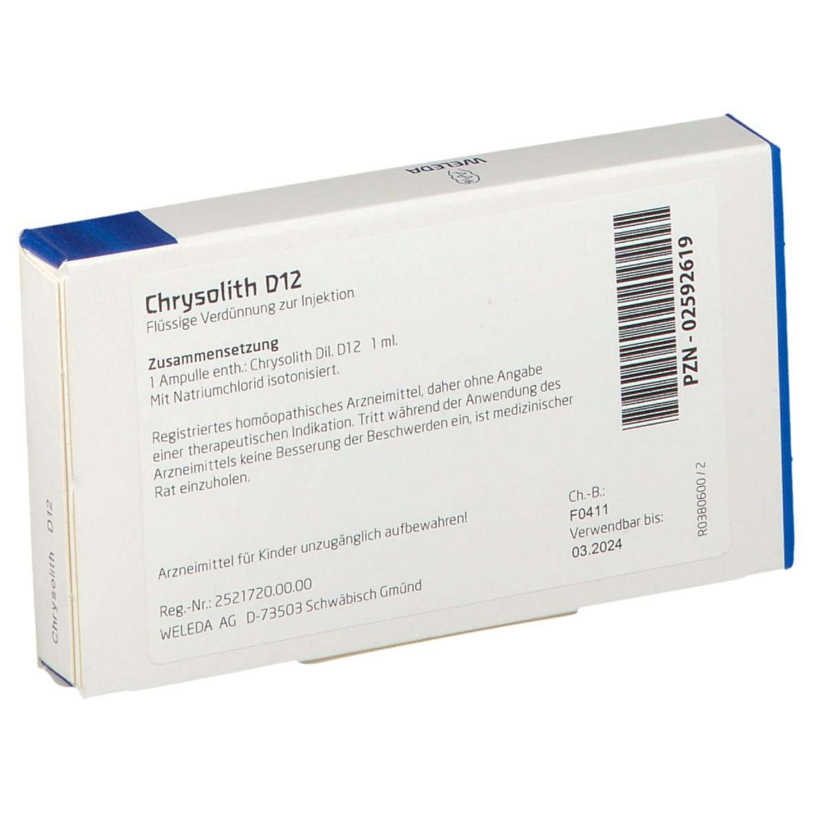 Rückseite der Weleda Chrysolith D12 Ampullen-Verpackung. Text: Zusammensetzung, Chargennummer, Verfallsdatum.