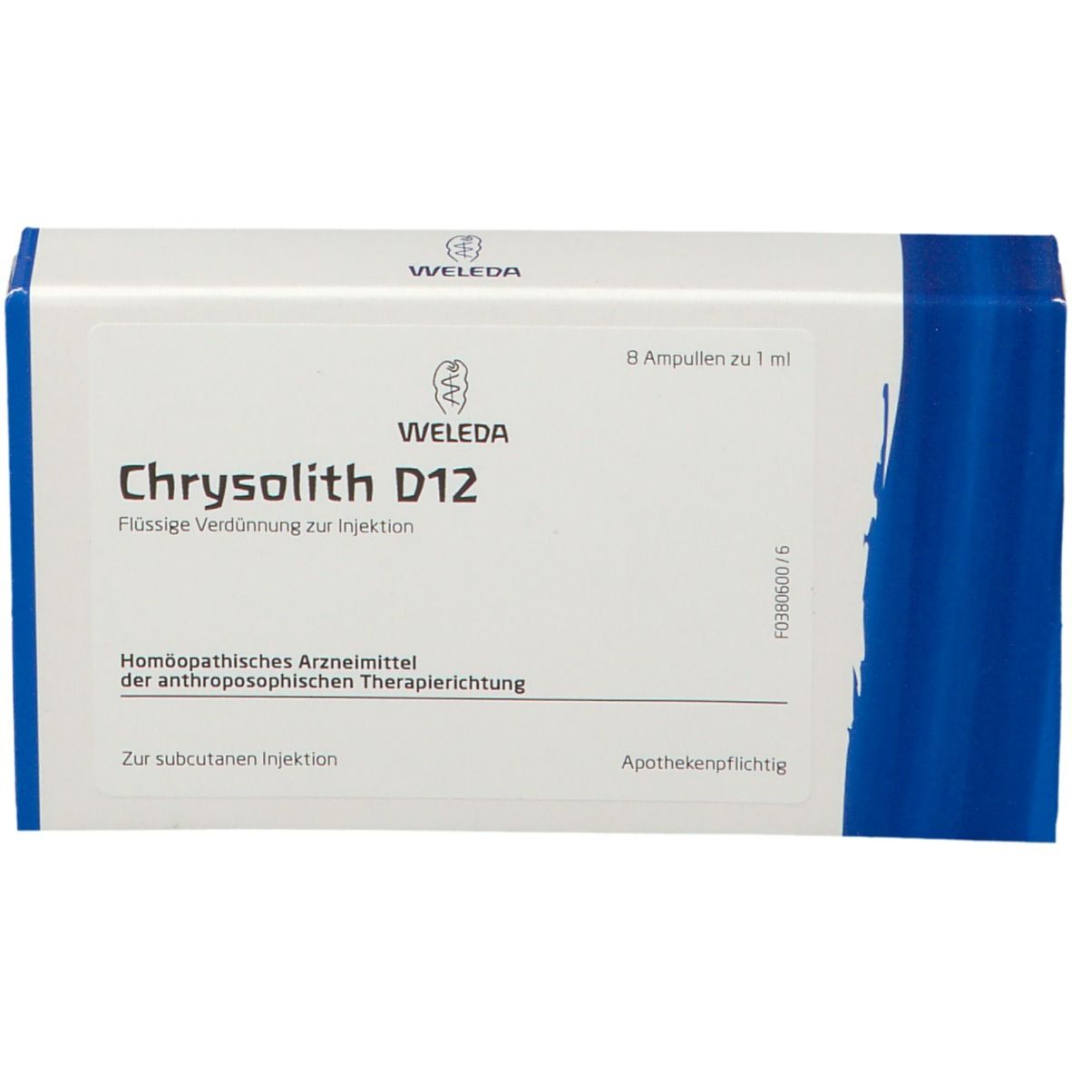 Weleda Chrysolith D12 Ampullen-Verpackung. Weiß, blau. Text: Chrysolith D12, 8 Ampullen, homöopathisches Arzneimittel.