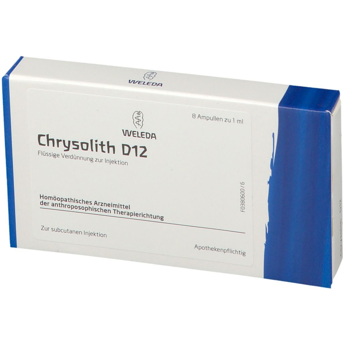 Weleda Chrysolith D12 Ampullen-Verpackung. Weiß, blau. Text: Chrysolith D12, 8 Ampullen, homöopathisches Arzneimittel.