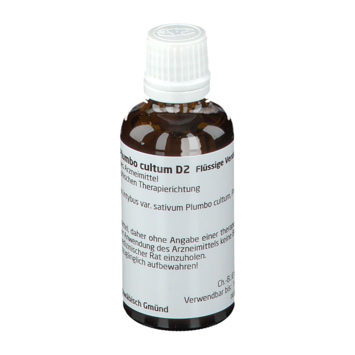 Braune Glasflasche mit weißem Verschluss. Etikett mit Produktnamen und Hersteller. Homöopathisches Arzneimittel.