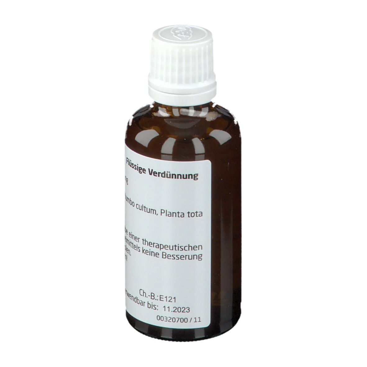 Braune Glasflasche mit weißem Verschluss. Etikett mit Produktnamen und Hersteller. Homöopathisches Arzneimittel.