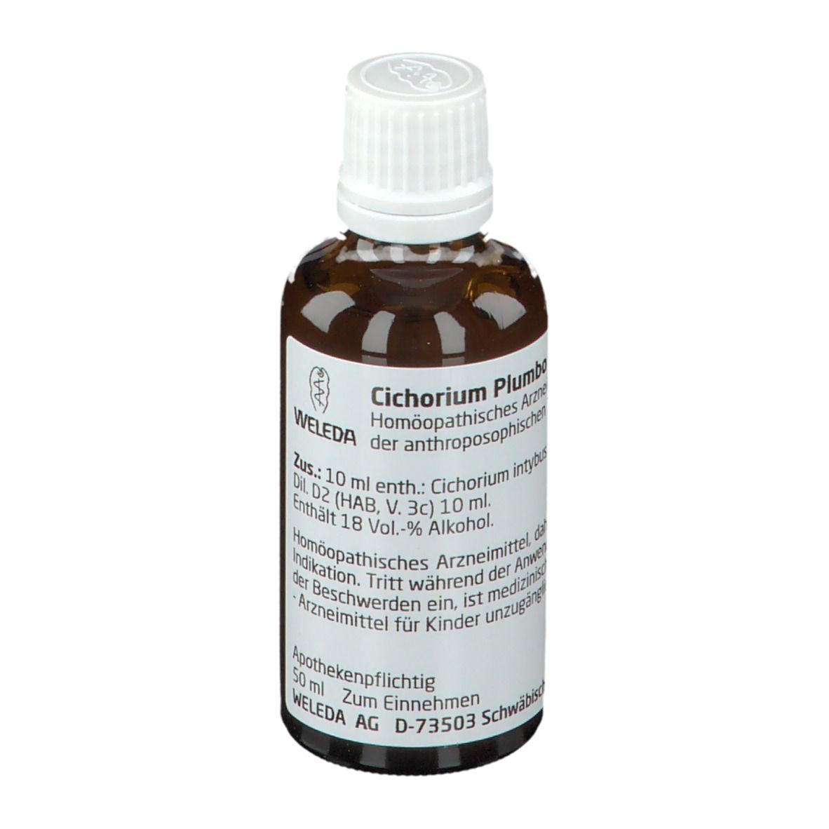Braune Glasflasche mit weißem Verschluss. Etikett mit Produktnamen und Hersteller. Homöopathisches Arzneimittel.