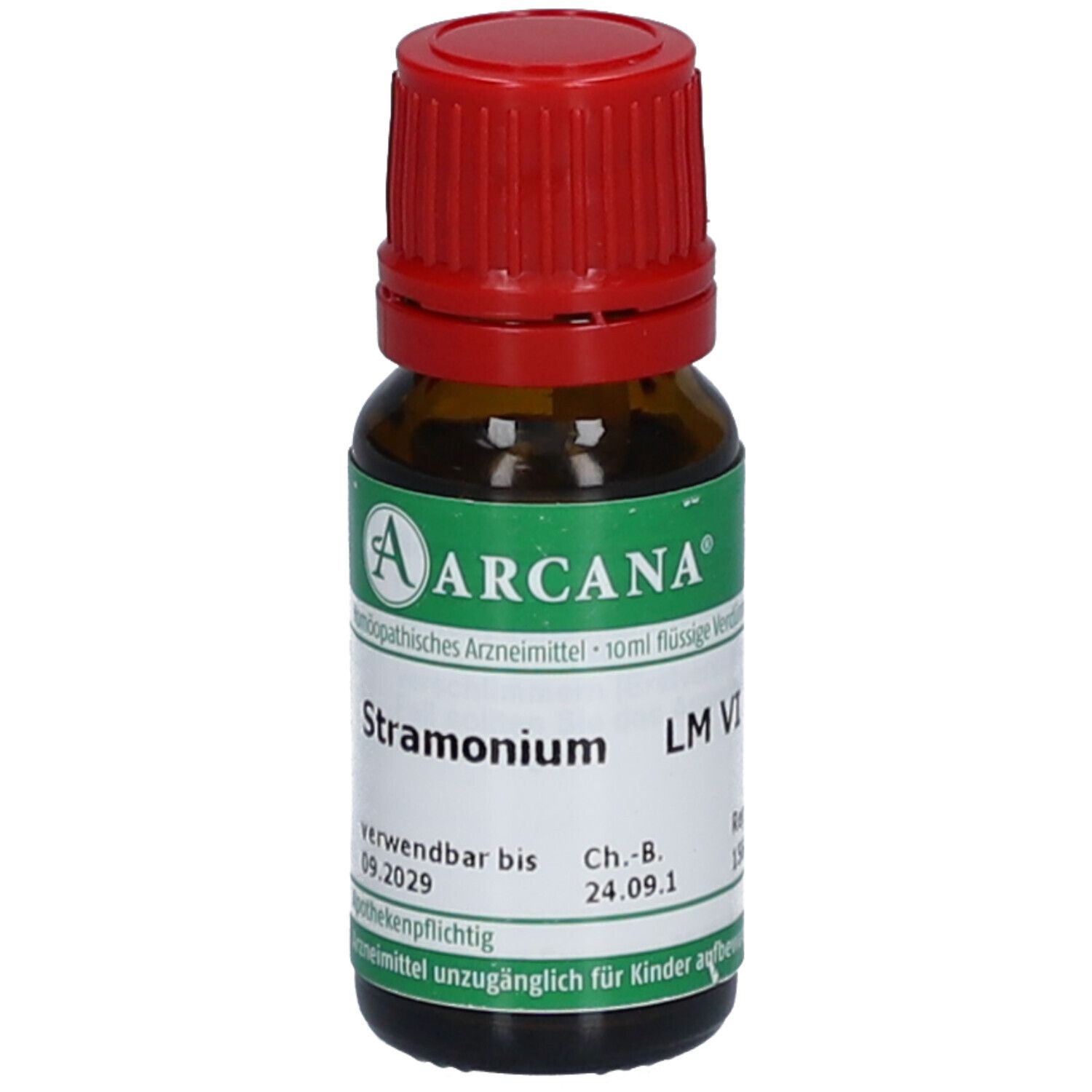 Braune Glasflasche mit rotem Schraubverschluss. Etikett mit grünen und weißen Elementen. Beschriftung: Stramonium LM VI, Arcana.