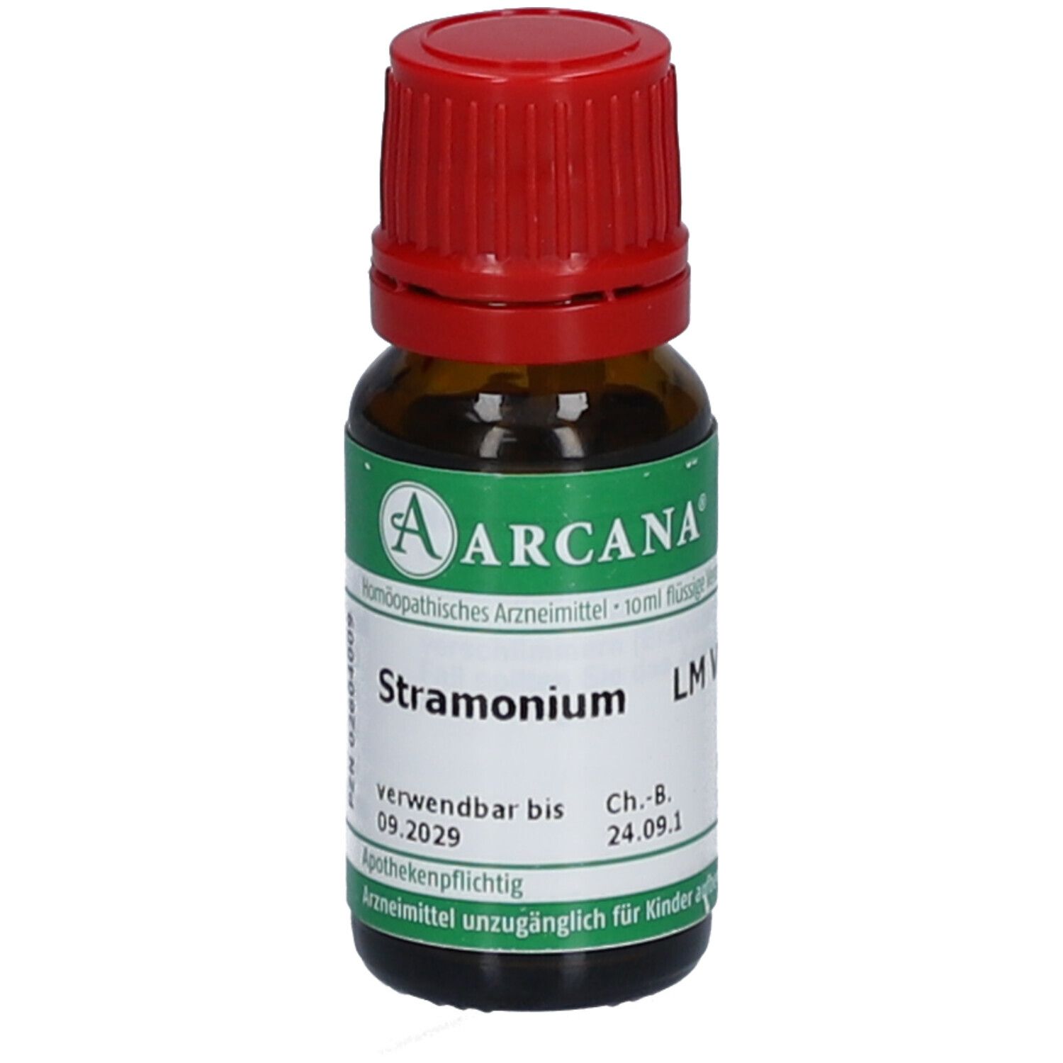 Braune Glasflasche mit rotem Schraubverschluss. Etikett mit grünen und weißen Elementen. Beschriftung: Stramonium LM VI, Arcana.