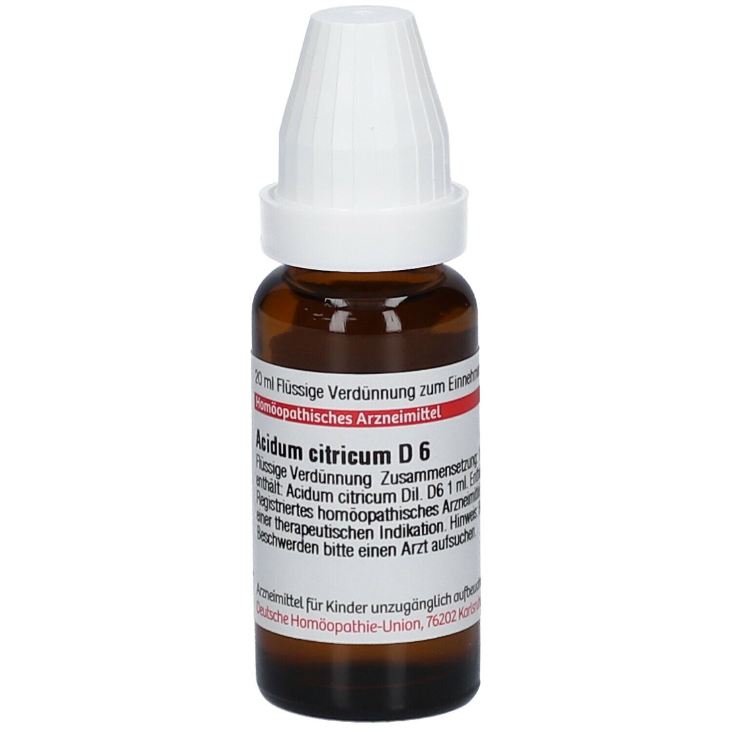 Braune Glasflasche mit weißem Deckel. Etikett mit Text: Acidum citricum D6, 20 ml flüssige Verdünnung.