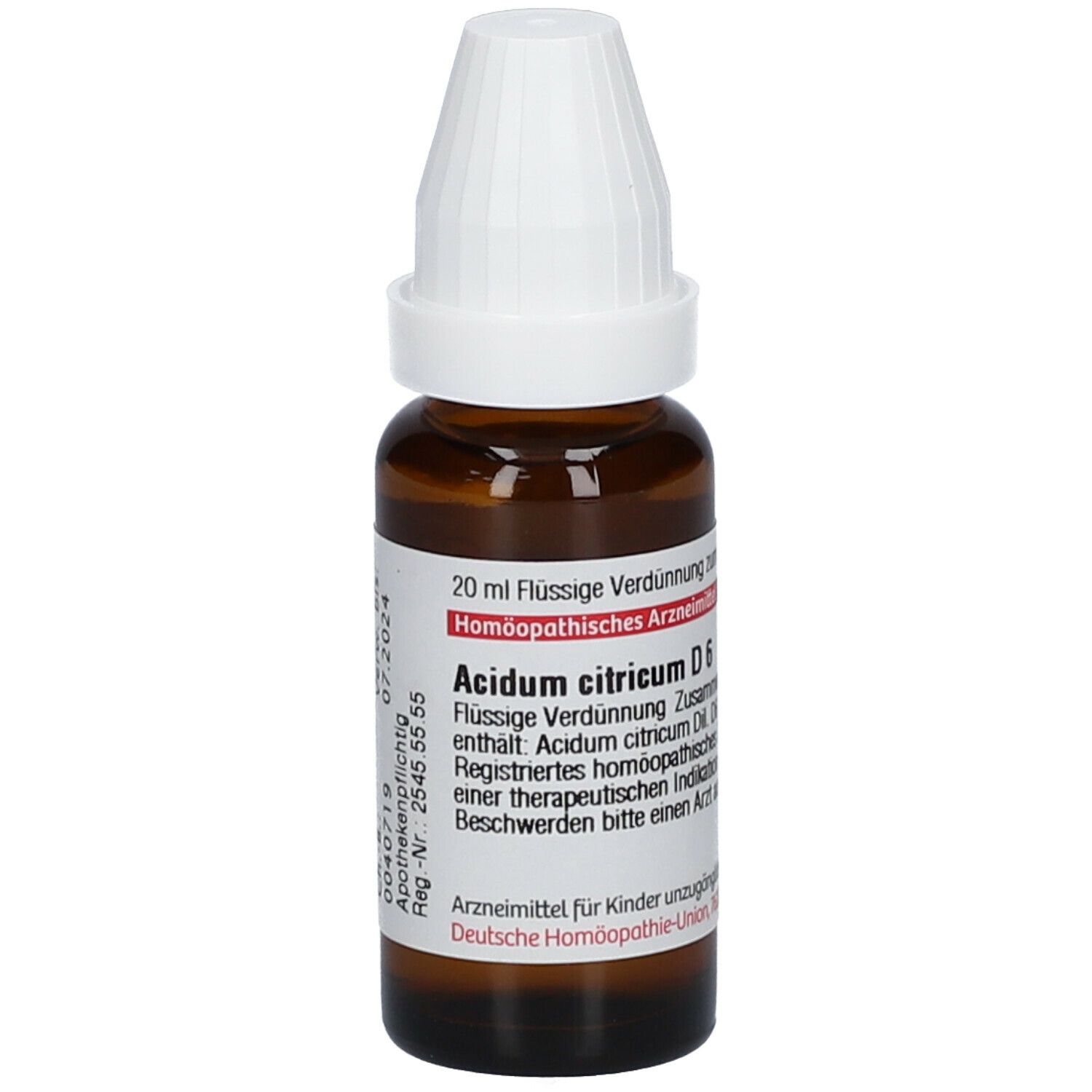 Braune Glasflasche mit weißem Deckel. Etikett mit Text: Acidum citricum D6, 20 ml flüssige Verdünnung. Verfallsdatum: 07.2024.