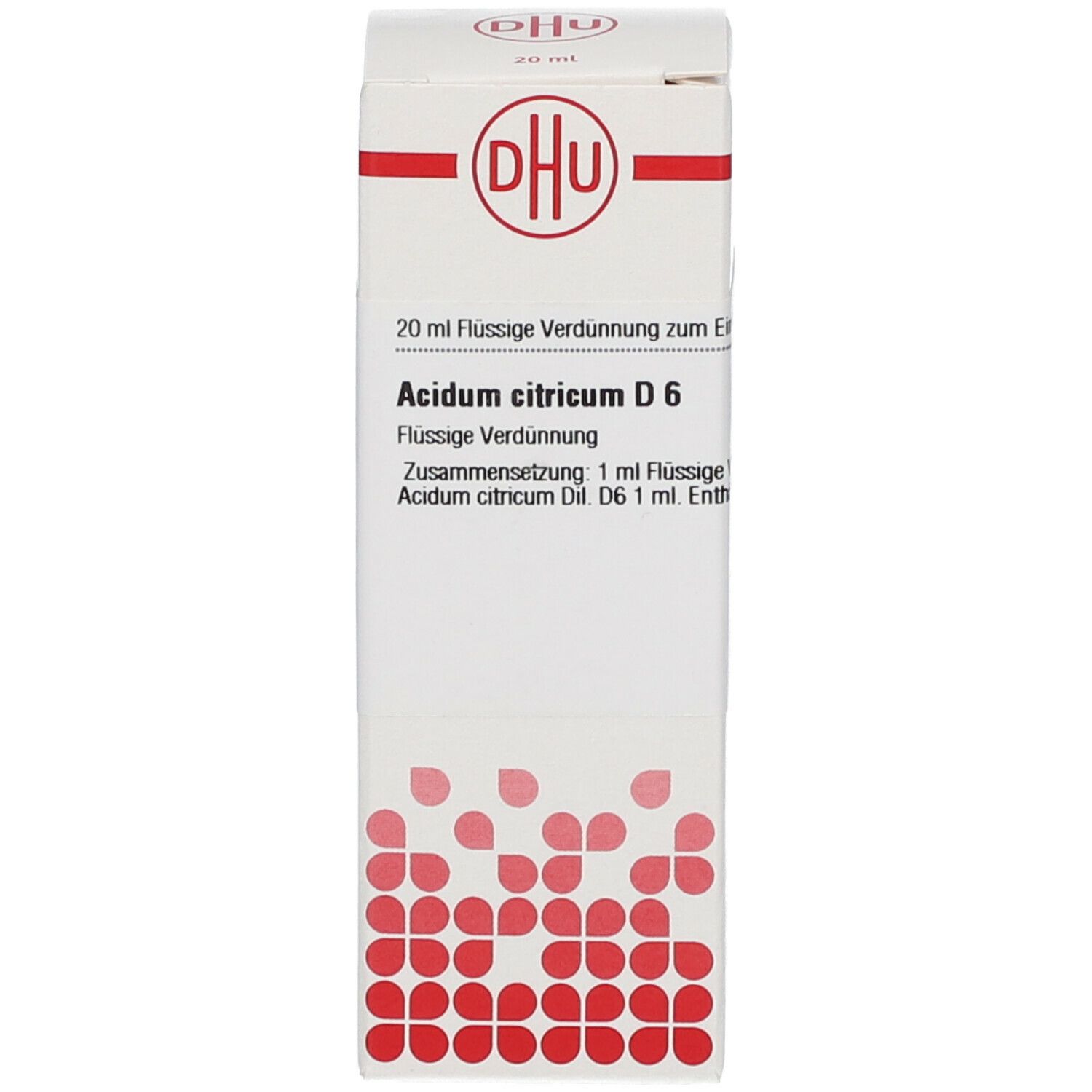 Weiße Schachtel mit rotem Logo und Text: DHU, Acidum citricum D6, 20 ml flüssige Verdünnung.