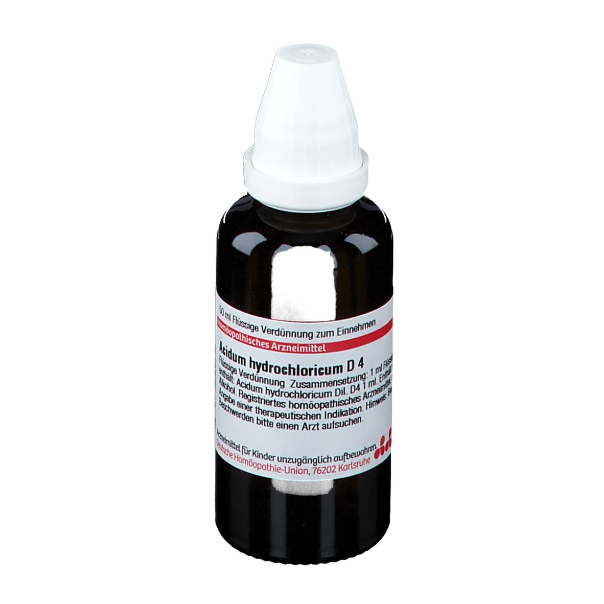 Braune Glasflasche mit weißem Verschluss. Etikett mit Produktnamen und Informationen. DHU Acidum Hydrochloricum D4.