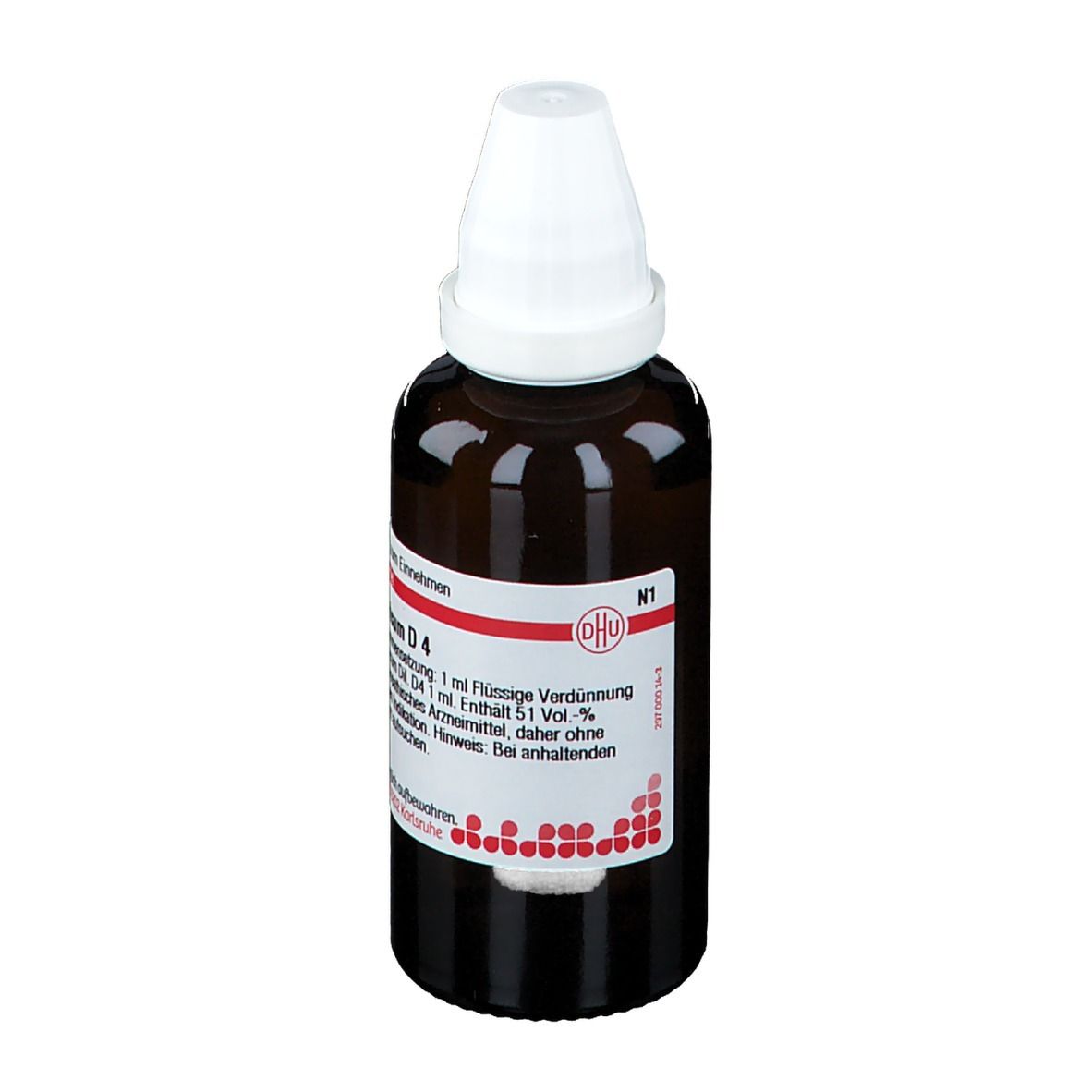 Braune Glasflasche mit weißem Verschluss. Etikett mit Produktnamen und Informationen. DHU Acidum Hydrochloricum D4.