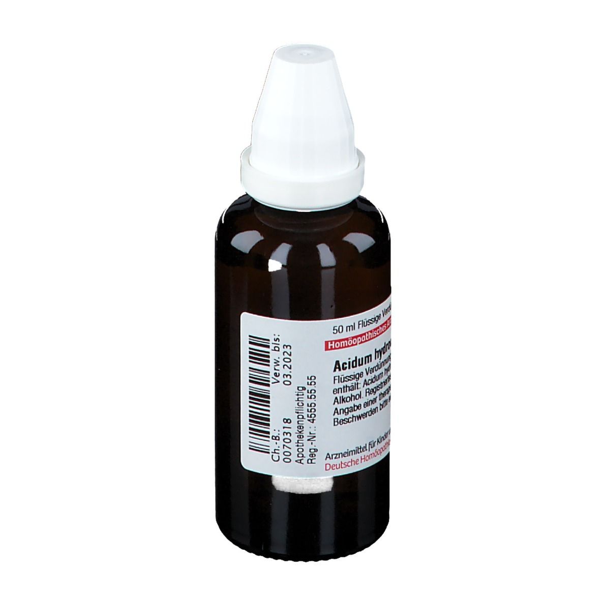 Braune Glasflasche mit weißem Verschluss. Etikett mit Produktnamen und Informationen. DHU Acidum Hydrochloricum D4.
