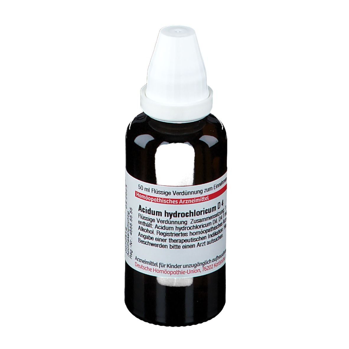 Braune Glasflasche mit weißem Verschluss. Etikett mit Produktnamen und Informationen. DHU Acidum Hydrochloricum D4.