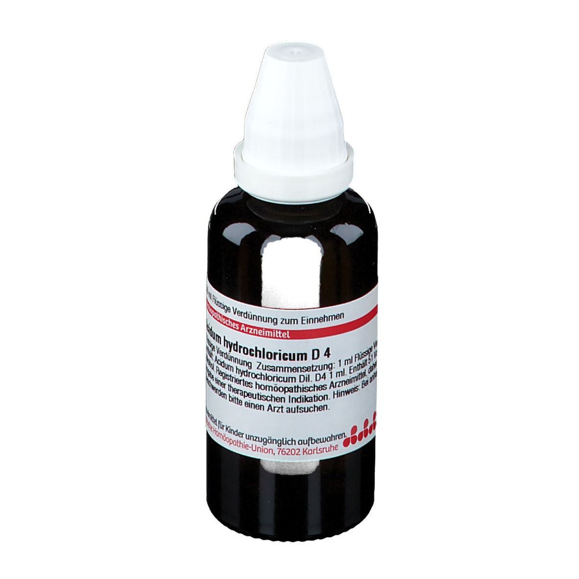 Braune Glasflasche mit weißem Verschluss. Etikett mit Produktnamen und Informationen. DHU Acidum Hydrochloricum D4.
