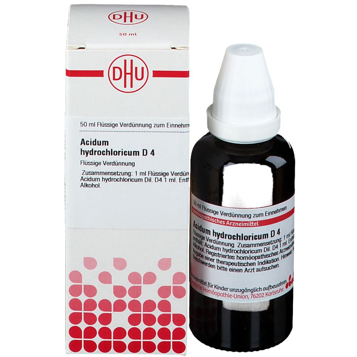 Produktverpackung mit Flasche und Karton. DHU Acidum Hydrochloricum D4. Flasche mit weißem Verschluss.