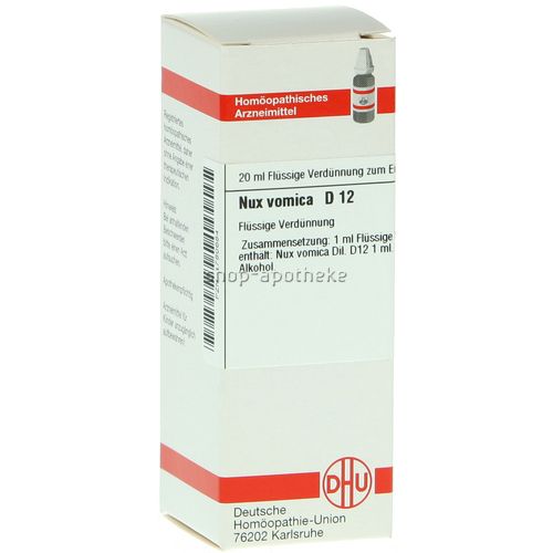Weiße Schachtel mit roter Umrandung. Aufschrift: Nux vomica D 12, Flüssige Verdünnung. DHU-Logo. Enthält eine Flasche mit Flüssigkeit.