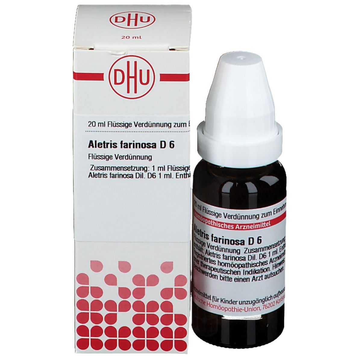 Braune Glasflasche und Karton. Karton mit Text: DHU, Aletris farinosa D6. 20 ml Flüssige Verdünnung.