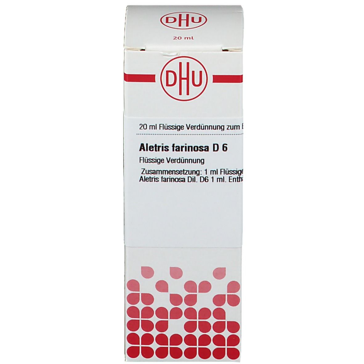 Karton mit Text: DHU, Aletris farinosa D6. 20 ml Flüssige Verdünnung. Rote und weiße Gestaltung.
