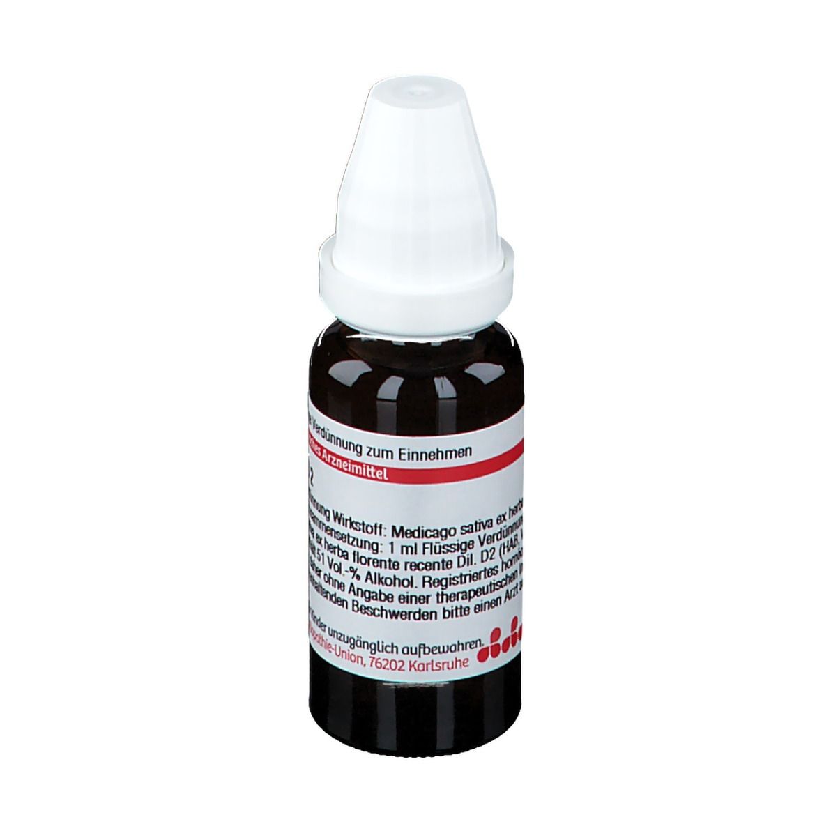 Braune Glasflasche mit weißem Verschluss. Etikett mit Produktinformationen. DHU Alfalfa D2, 20 ml.