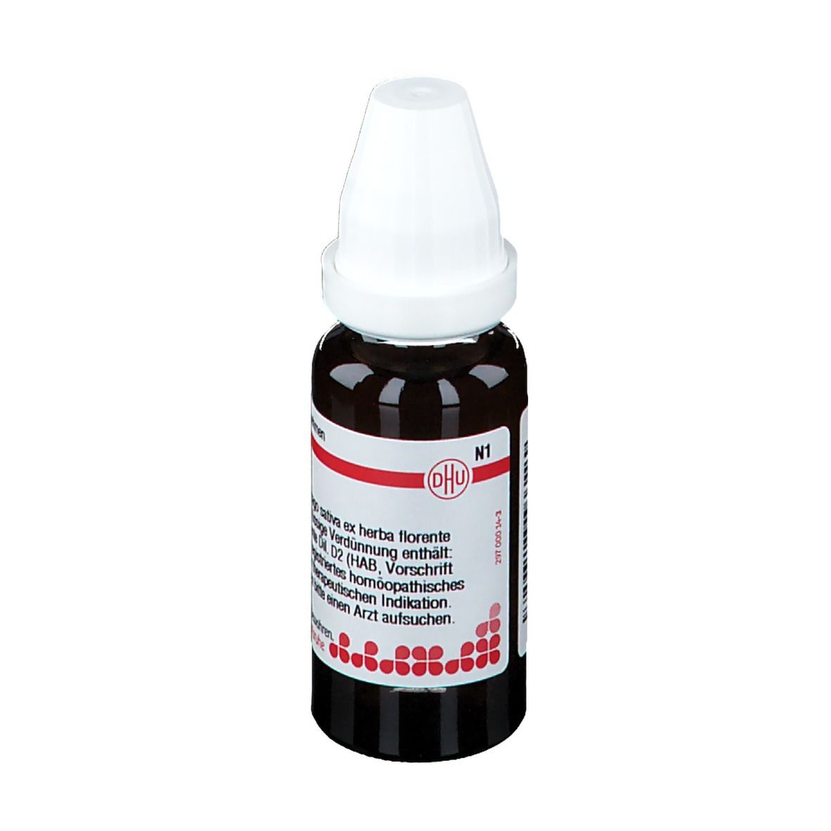 Braune Glasflasche mit weißem Verschluss. Etikett mit Produktinformationen. DHU Alfalfa D2, 20 ml.