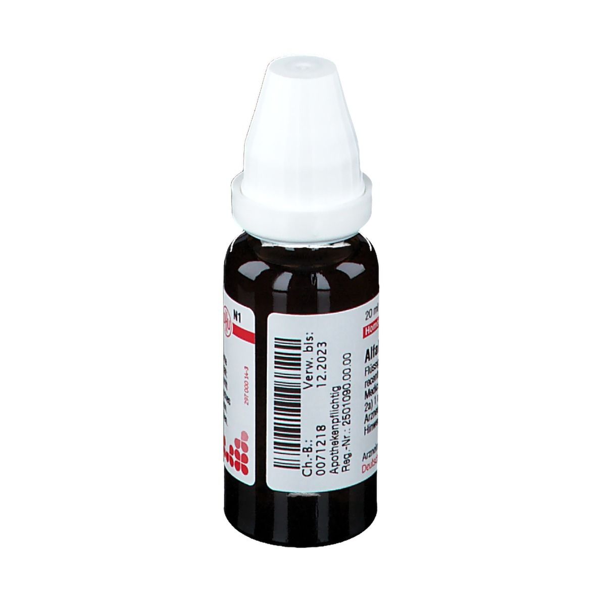 Braune Glasflasche mit weißem Verschluss. Etikett mit Produktinformationen. DHU Alfalfa D2, 20 ml.