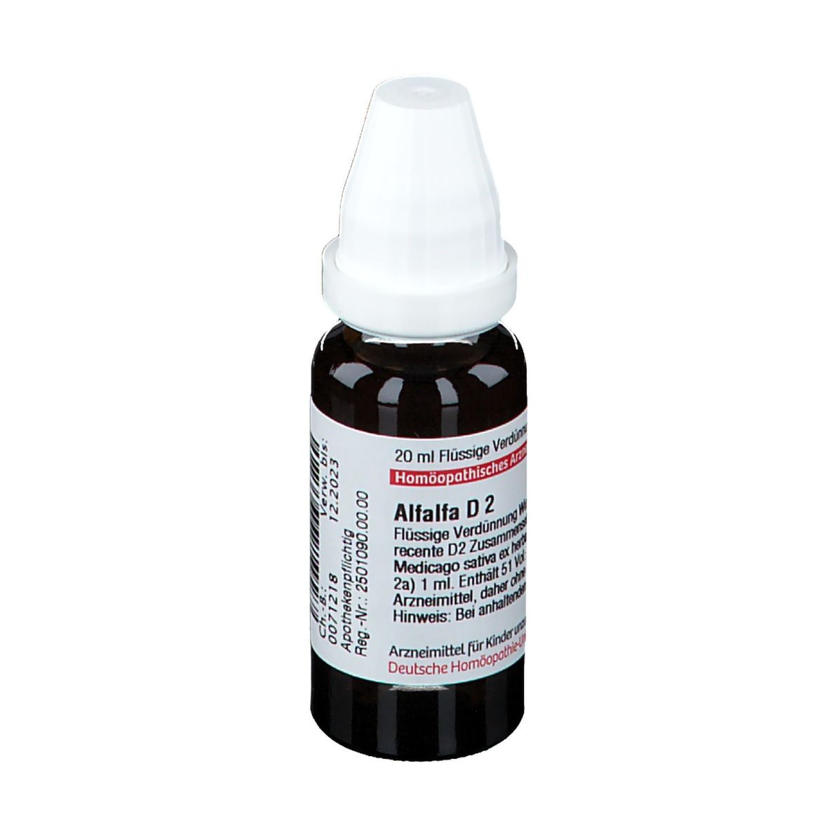 Braune Glasflasche mit weißem Verschluss. Etikett mit Produktinformationen. DHU Alfalfa D2, 20 ml.